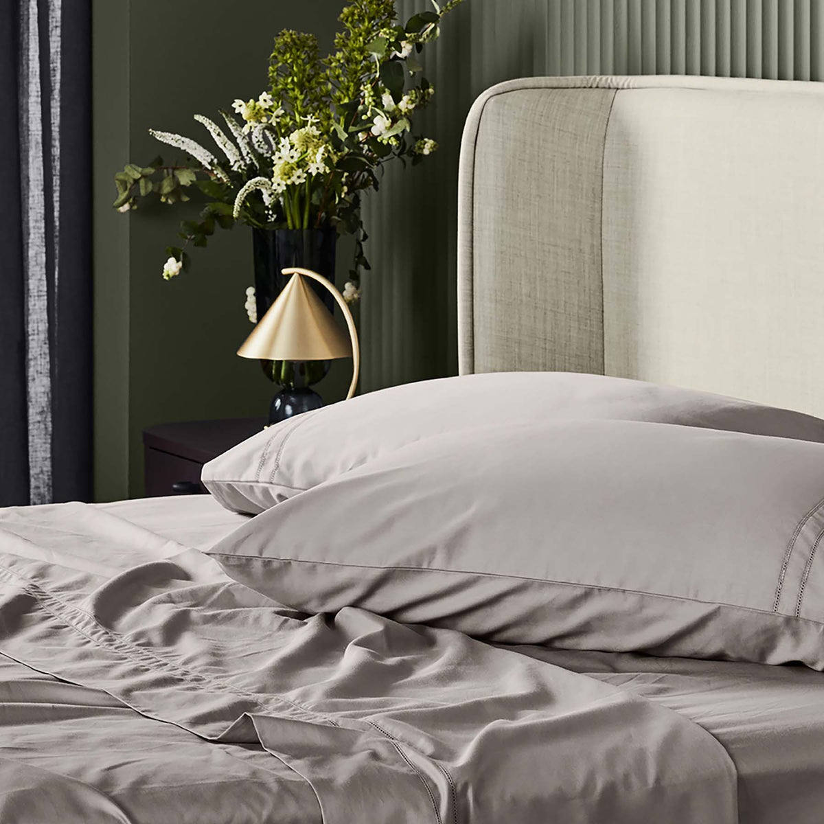 Kings & Queens Egyptian Cotton Classic Hemstitch Sheet Set in Mushroom Side View