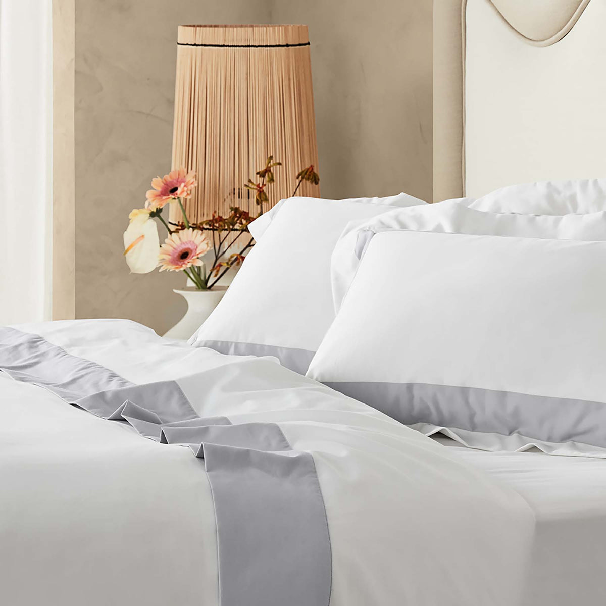 Kings & Queens Egyptian Cotton Signature Cuff Supreme Bundle Set in Cloud Side View Duvet