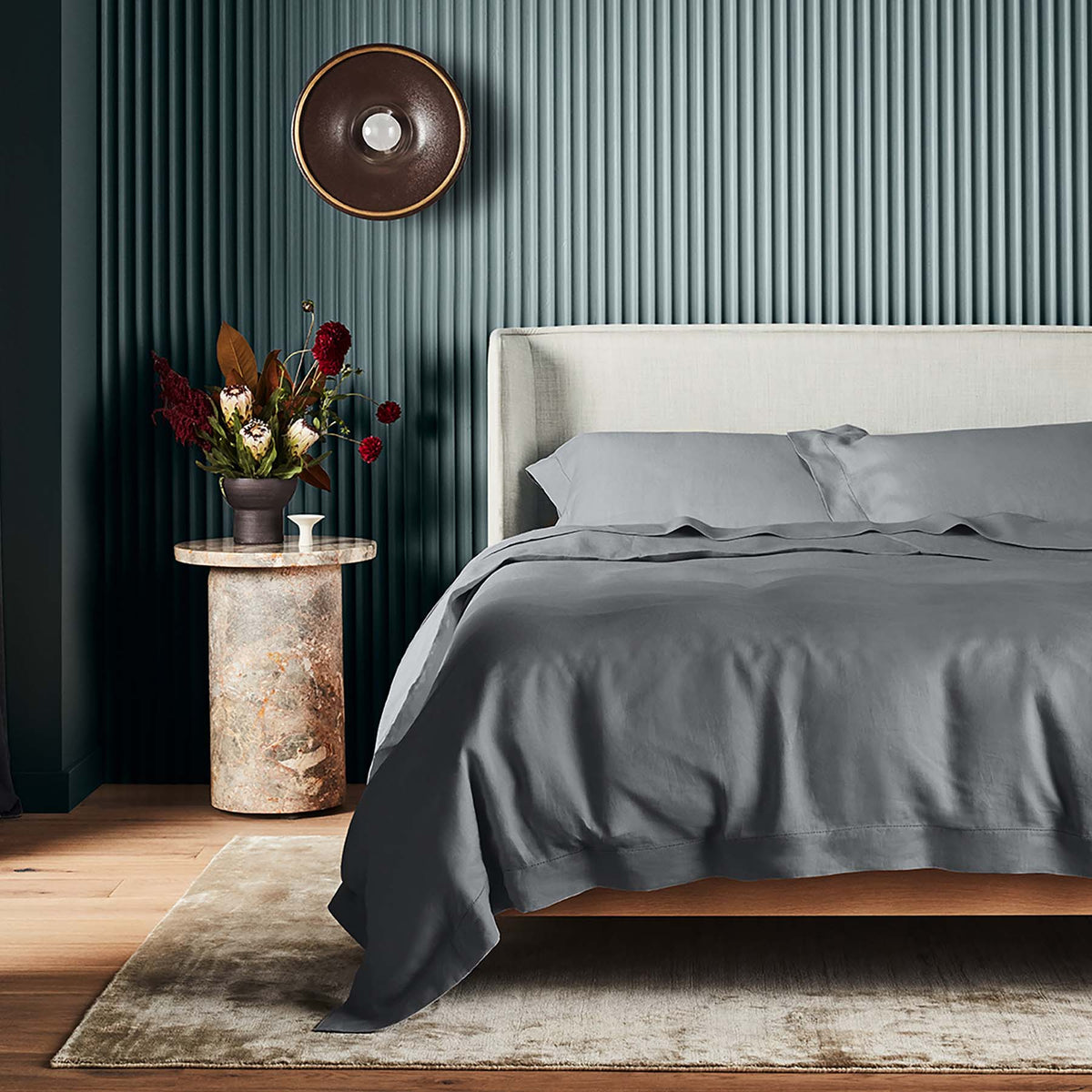 Kings & Queens Vintage Linen Duvet Cover Set in Night Front View