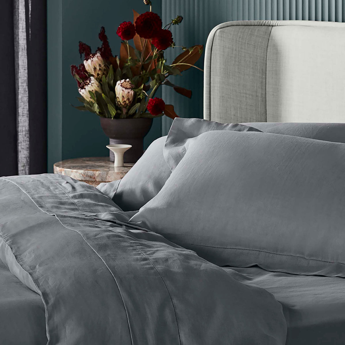 Kings & Queens Vintage Linen Supreme Bundle Set in Night Side View Duvet